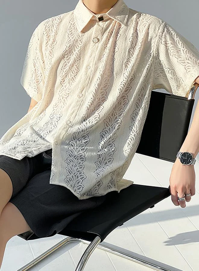 Take Two Cream Men Lace Insert Textured Shirt for Men | Best Price UAE